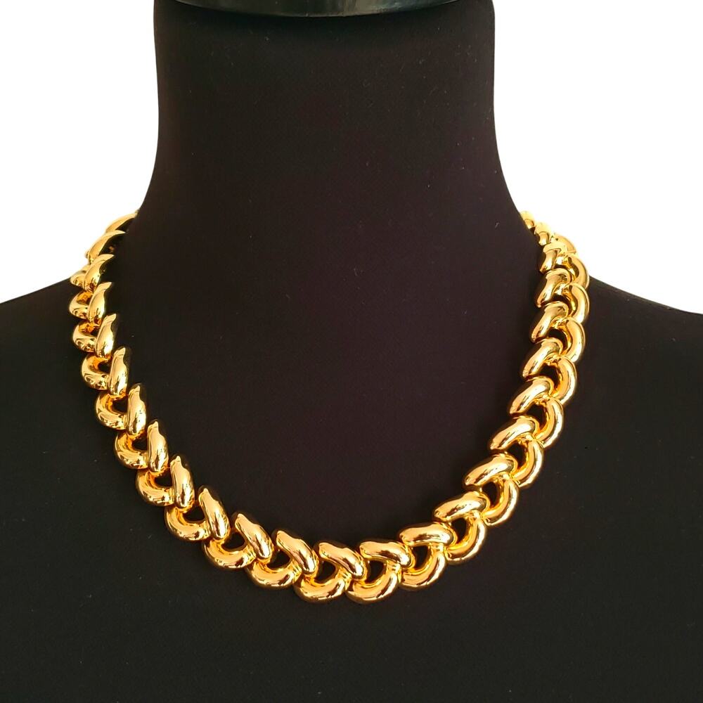 Chunky Gold Tone Link Necklace Layered Statement Chain Bold Boho Vintage 80s 90s - Picture 2 of 7